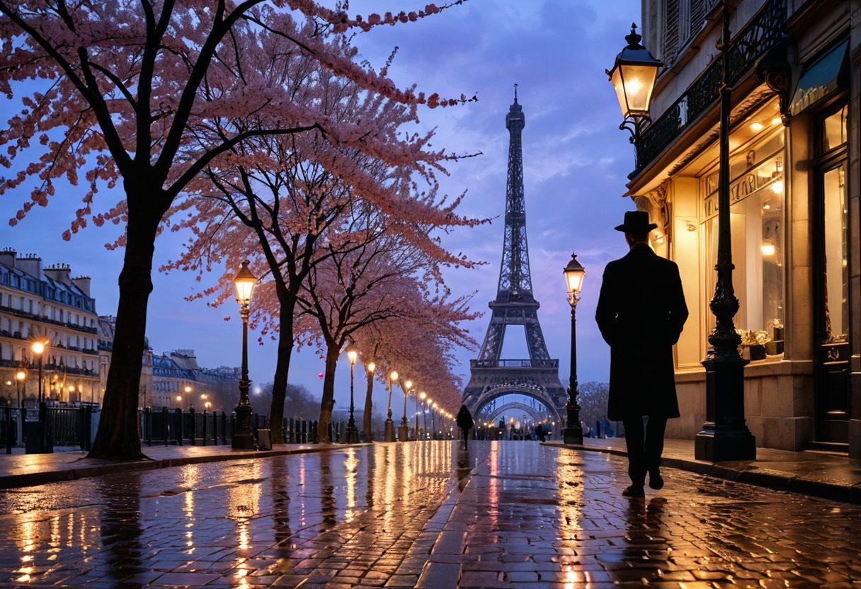 An elegant Victorian street in Paris at dusk, with soft glimmering gas lamps, showcasing a melancholic figure in period attire gazing at a distant silhouette of the Eiffel Tower. The scene is enhanced by falling cherry blossom petals and a gentle rain creating reflective puddles on cobblestone streets. The color palette is muted with soft pastels, evoking a sense of longing and heartache. vintage painting, soft focus, muted colors.