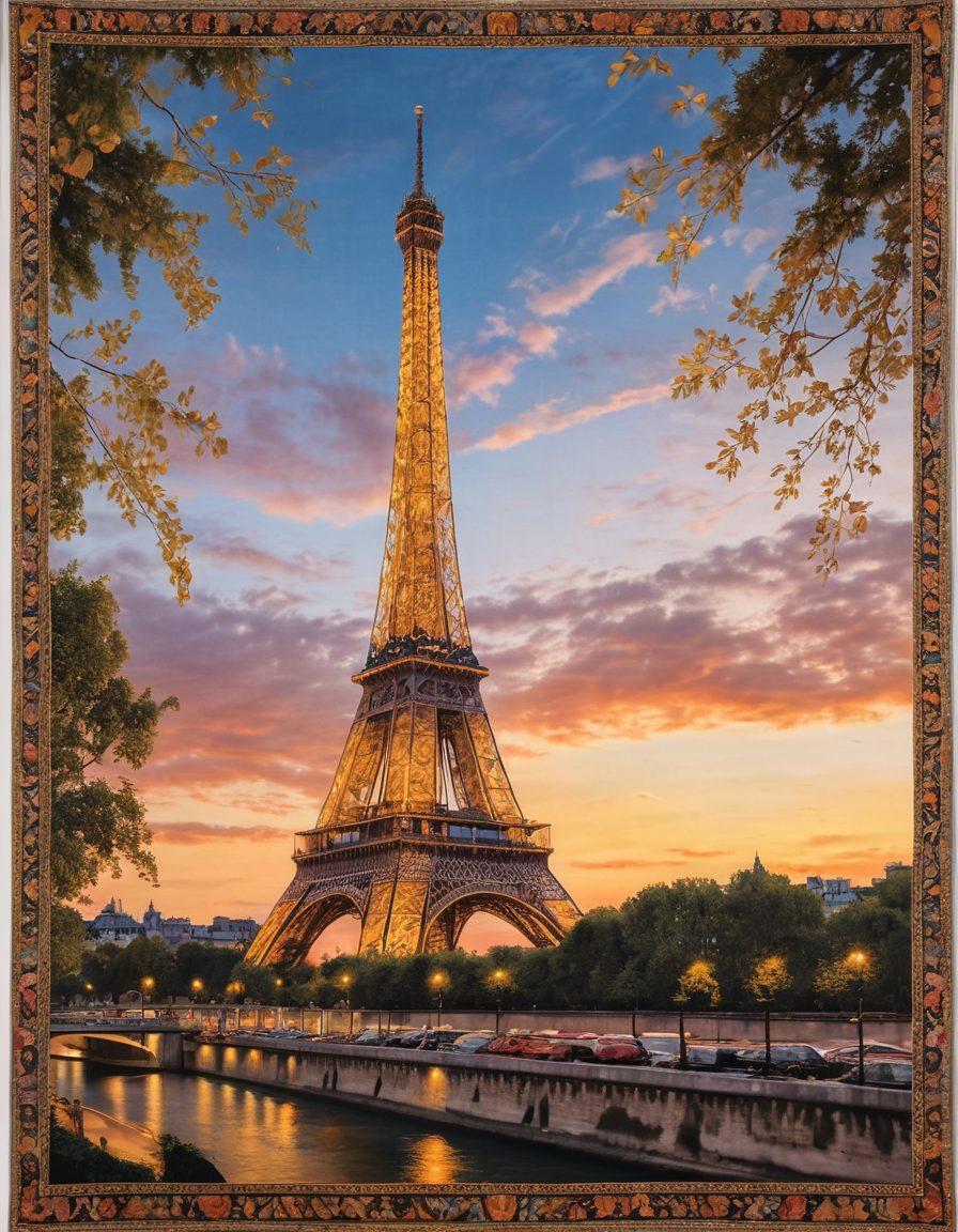 A beautifully woven tapestry, with intricate patterns that evoke feelings of melancholy and elegance, suspended in the air among the iconic skyline of Paris. Soft, muted colors blend with shimmering accents to capture the essence of the City of Light at dusk, with the Eiffel Tower softly illuminated in the background. The scene is infused with a sense of wistfulness and grace, inviting the viewer to reflect on its beauty. delicate textures and harmonious composition. super-realistic. vibrant colors. atmospheric.