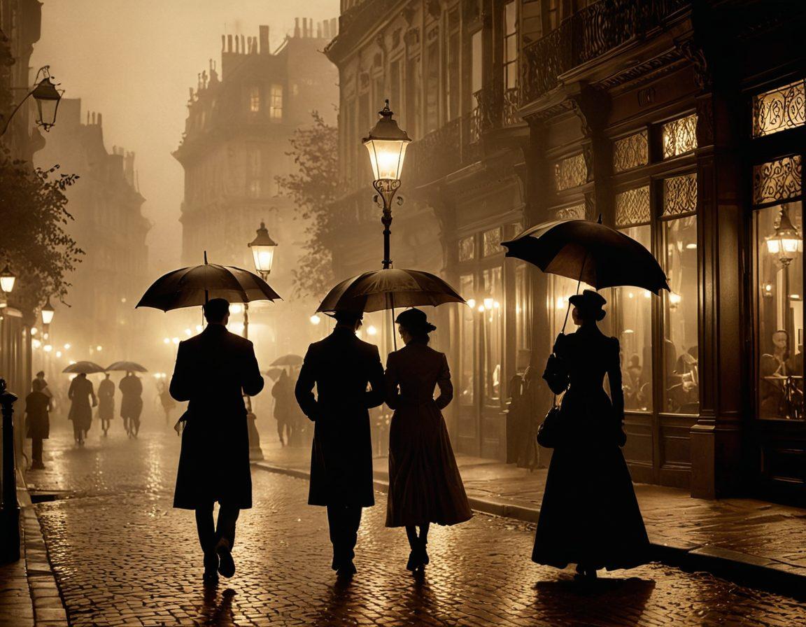 A dimly lit Victorian Parisian street, shadows of people walking with umbrellas, evoking a sense of melancholy. Elegant buildings adorned with intricate details in the background, soft glowing gas lamps illuminating the foggy atmosphere. A couple in period attire sharing a bittersweet moment, reflecting the sadness in their eyes. The overall mood should capture the essence of romance intertwined with sorrow. soft focus, sepia tones, impressionist style.